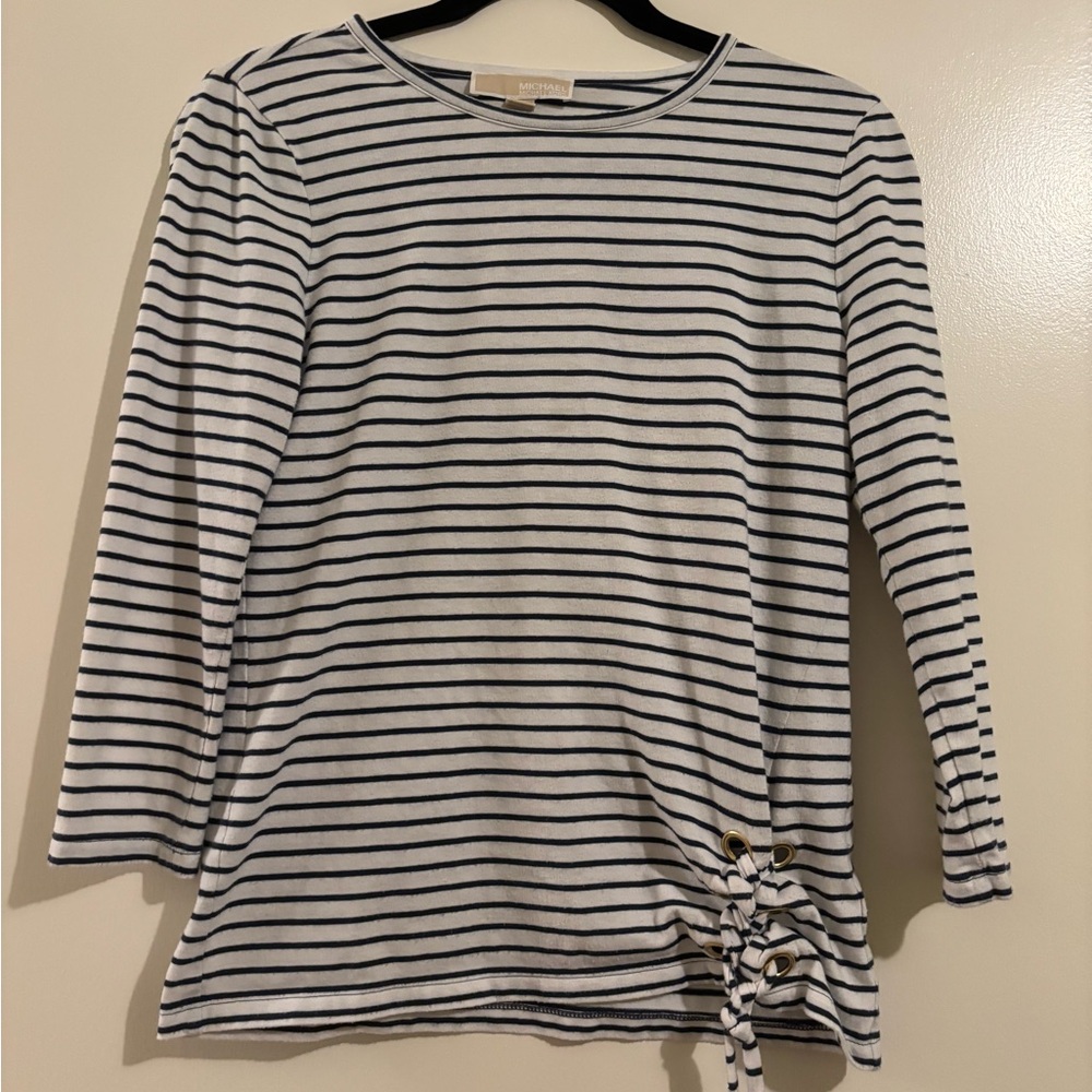 Michael Kors Navy and White Striped Long Sleeve Top